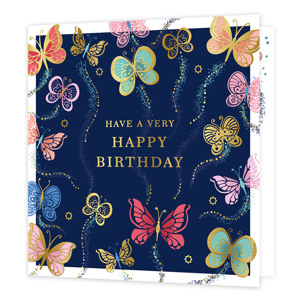 Have a very happy birthday - Formaat: Standaard - Vorm: Vierkant - Verjaardagskaart - Op deze kaart staat de tekst 'Have a very happy birthday' in het goud met daaromheen vlinders in de kleuren blauw, rood, roze, groen en goud. Achter de vlinders is een spoor van gouden stippen. - Snelwenskaart