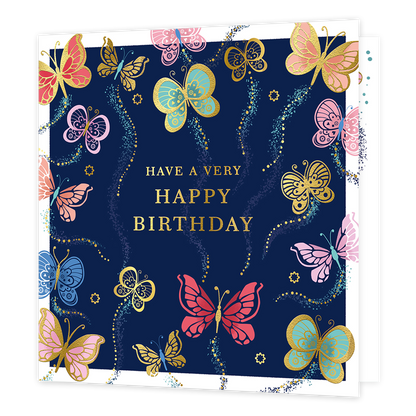 Have a very happy birthday - Formaat: Standaard - Vorm: Vierkant - Verjaardagskaart - Op deze kaart staat de tekst 'Have a very happy birthday' in het goud met daaromheen vlinders in de kleuren blauw, rood, roze, groen en goud. Achter de vlinders is een spoor van gouden stippen. - Snelwenskaart