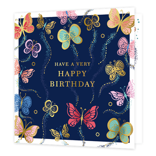 Have a very happy birthday - Formaat: Standaard - Vorm: Vierkant - Verjaardagskaart - Op deze kaart staat de tekst 'Have a very happy birthday' in het goud met daaromheen vlinders in de kleuren blauw, rood, roze, groen en goud. Achter de vlinders is een spoor van gouden stippen. - Snelwenskaart