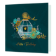 Happy birthday - Formaat: Standaard - Vorm: Vierkant - Verjaardagskaart - Op deze kaart staat de tekst 'Happy birthday' in het goud met daarboven een zilveren, blauwe en gouden parfumfles. Om deze parfumfles staan bloemen in dezelfde kleuren. - Snelwenskaart