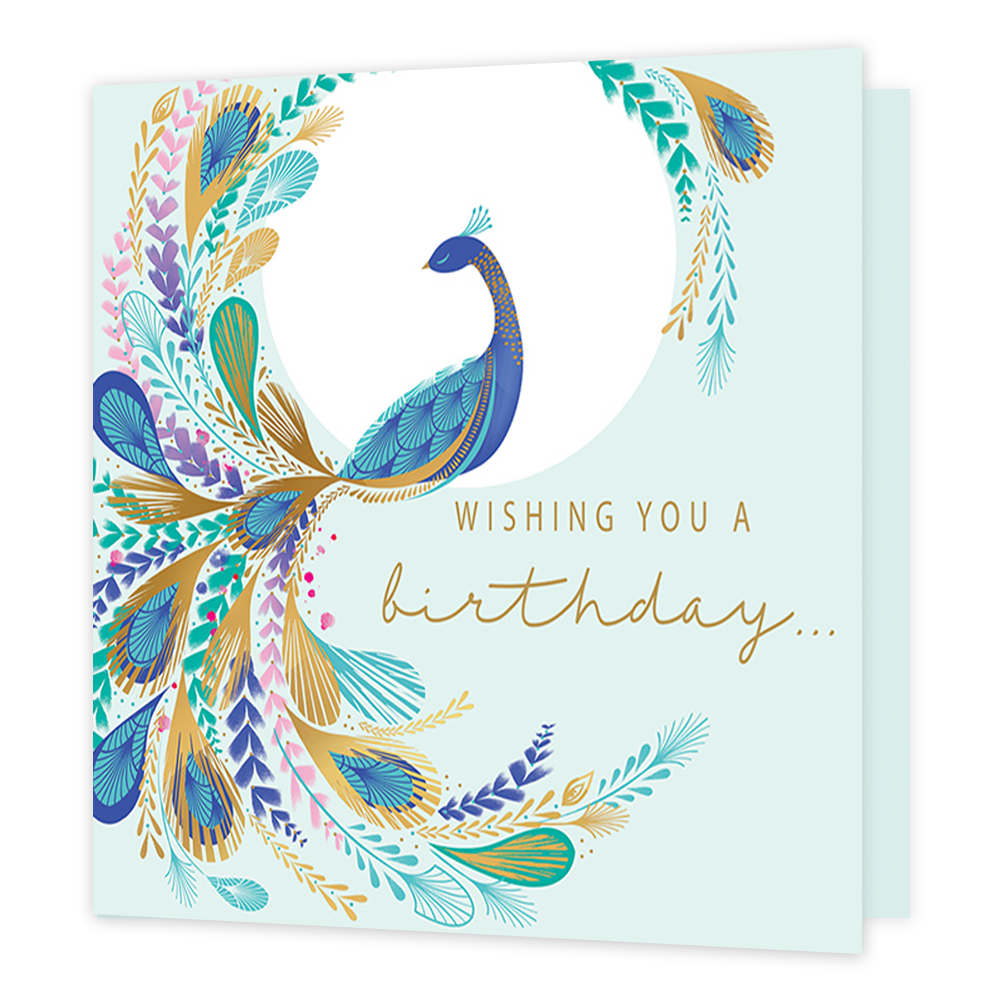 Wishing you a birthday... - Formaat: Standaard - Vorm: Vierkant - Verjaardagskaart - Op deze kaart staat de tekst 'Wishing you a birthday' in het goud. Daarnaast staat een pauw met veel veren in de kleuren paars, blauw, groen, roze en goud. - Snelwenskaart