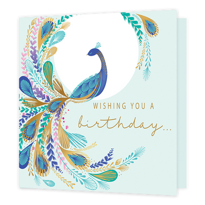 Wishing you a birthday... - Formaat: Standaard - Vorm: Vierkant - Verjaardagskaart - Op deze kaart staat de tekst 'Wishing you a birthday' in het goud. Daarnaast staat een pauw met veel veren in de kleuren paars, blauw, groen, roze en goud. - Snelwenskaart