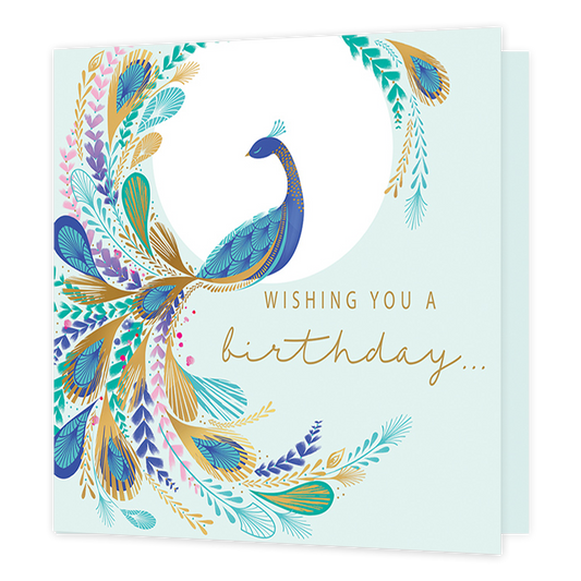 Wishing you a birthday... - Formaat: Standaard - Vorm: Vierkant - Verjaardagskaart - Op deze kaart staat de tekst 'Wishing you a birthday' in het goud. Daarnaast staat een pauw met veel veren in de kleuren paars, blauw, groen, roze en goud. - Snelwenskaart