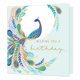 Wishing you a birthday... - Formaat: Standaard - Vorm: Vierkant - Verjaardagskaart - Op deze kaart staat de tekst 'Wishing you a birthday' in het goud. Daarnaast staat een pauw met veel veren in de kleuren paars, blauw, groen, roze en goud. - Snelwenskaart