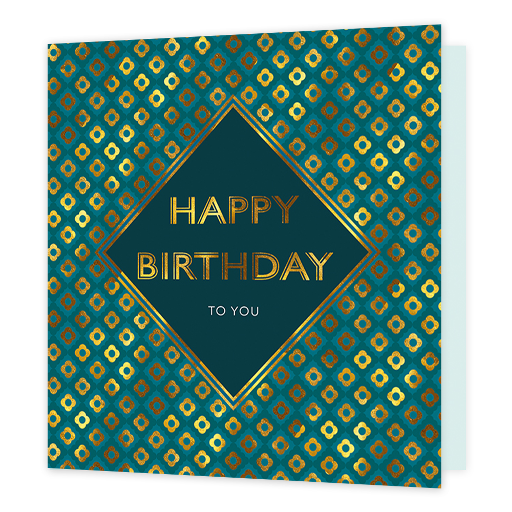 Happy birthday to you - Formaat: Standaard - Vorm: Vierkant - Verjaardagskaart - Op deze kaart staat de tekst 'Happy birthday to you' in het goud en wit in een ruiten kader. Achter dit kader is er een patroon van gouden bloemen. - Snelwenskaart