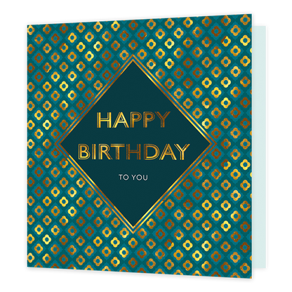Happy birthday to you - Formaat: Standaard - Vorm: Vierkant - Verjaardagskaart - Op deze kaart staat de tekst 'Happy birthday to you' in het goud en wit in een ruiten kader. Achter dit kader is er een patroon van gouden bloemen. - Snelwenskaart