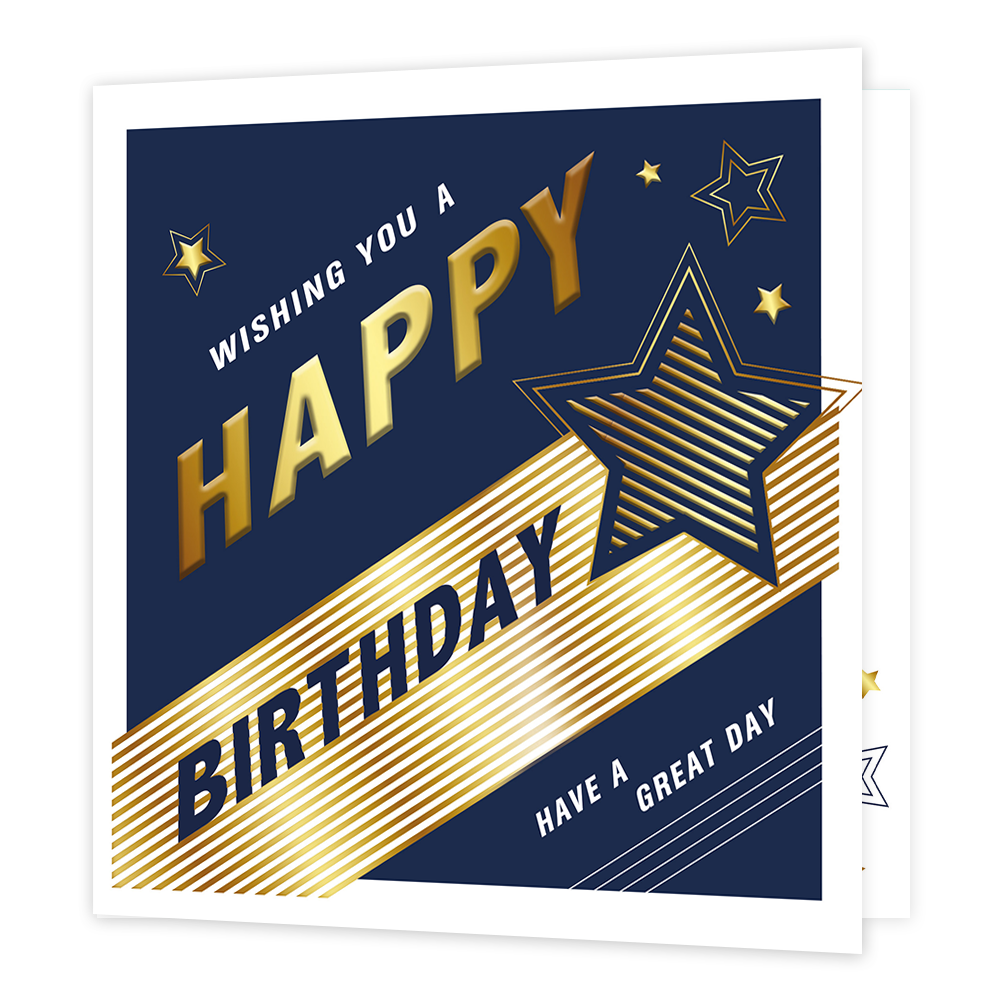 Wishing you a happy birthday - Have a great day - Formaat: Standaard - Vorm: Vierkant - Verjaardagskaart - Op deze kaart staat de tekst 'Wishing you a happy birthday - Have a great day' in het wit, blauw en goud. Eromheen staan strepen en sterren in het wit en goud. - Snelwenskaart
