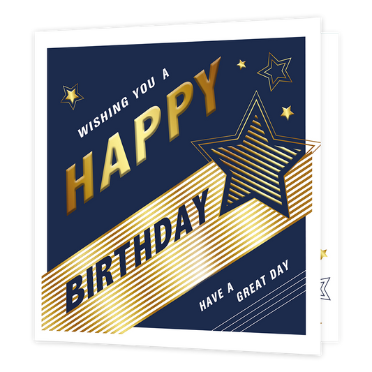 Wishing you a happy birthday - Have a great day - Formaat: Standaard - Vorm: Vierkant - Verjaardagskaart - Op deze kaart staat de tekst 'Wishing you a happy birthday - Have a great day' in het wit, blauw en goud. Eromheen staan strepen en sterren in het wit en goud. - Snelwenskaart
