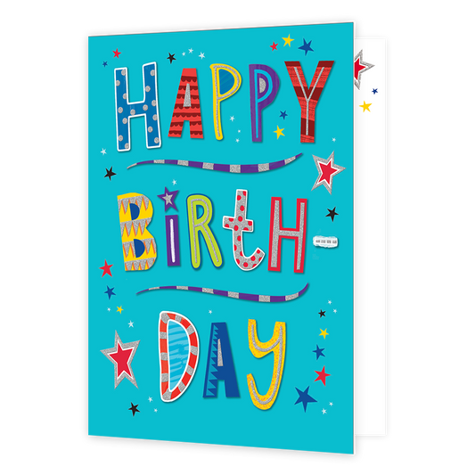 XL kaart - Happy birthday - Formaat: Groot - Vorm: Staand - Verjaardagskaart - Op deze wenskaart staat in verschillende kleuren de tekst 'Happy birth-day'. De achtergrond van de kaart is blauw en om de tekst heen staan sterren in de kleuren zwart, rood, geel en blauw. - Snelwenskaart