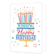 Wishing you a happy birthday - Formaat: Groot - Vorm: Staand - Verjaardagskaart - Op deze wenskaart staat een grote taart met meerder kaarsen. In de taart staat in de kleuren lichtblauw, geel, rood en donkerblauw de tekst 'Wishing you a happy birthday'. - Snelwenskaart
