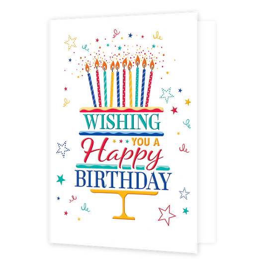 XL kaart - Wishing you a happy birthday - Formaat: Groot - Vorm: Staand - Verjaardagskaart - Op deze wenskaart staat een grote taart met meerder kaarsen. In de taart staat in de kleuren lichtblauw, geel, rood en donkerblauw de tekst 'Wishing you a happy birthday'. - Snelwenskaart