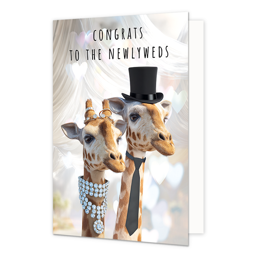 Op deze wenskaart staan twee giraffen. De linkergiraf is versierd met diamanten kettingen. De rechter giraf draagt een stropdas en een hoge zwarte hoed. Boven de giraffen staat in het zwart de tekst 'congrats to the newlyweds'.