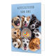 Gefeliciteerd van ons - Formaat: Standaard - Vorm: Staand - Felicitatiekaart - Op deze wenskaart staan acht honden om een taart. De honden kijken naar boven. Boven de honden staat in het zwart de tekst 'Gefeliciteerd van ons'. - Snelwenskaart