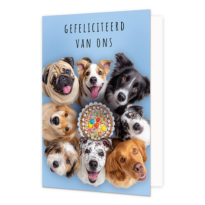 Op deze wenskaart staan acht honden om een taart. De honden kijken naar boven. Boven de honden staat in het zwart de tekst 'Gefeliciteerd van ons'.