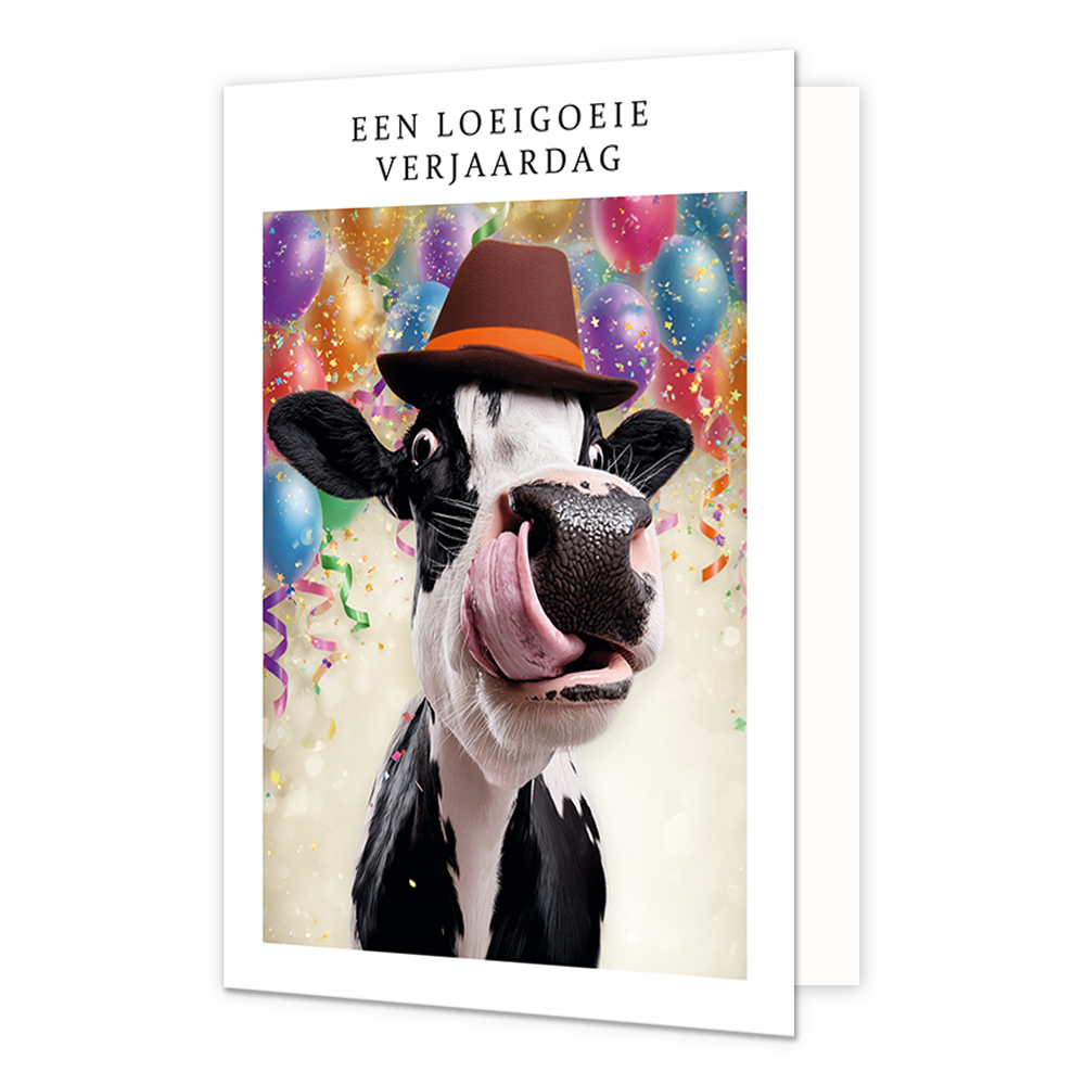Op deze wenskaart staat een koe die zijn tong uitsteekt. De koe draagt een hoed en op de achtergrond hangen verschillende ballonnen. De afbeelding is omringd met een wit kader. Bovenin het witte kader staat in het zwart de tekst 'Een loeigoeie verjaardag'.
