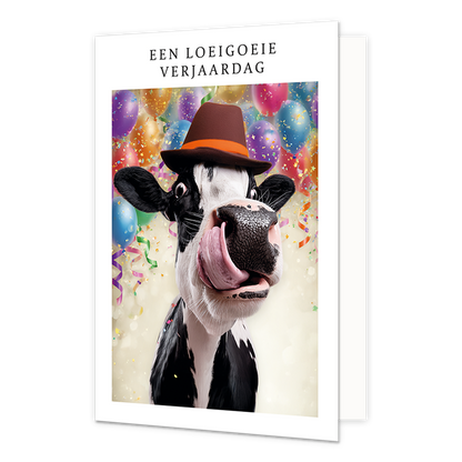 Op deze wenskaart staat een koe die zijn tong uitsteekt. De koe draagt een hoed en op de achtergrond hangen verschillende ballonnen. De afbeelding is omringd met een wit kader. Bovenin het witte kader staat in het zwart de tekst 'Een loeigoeie verjaardag'.
