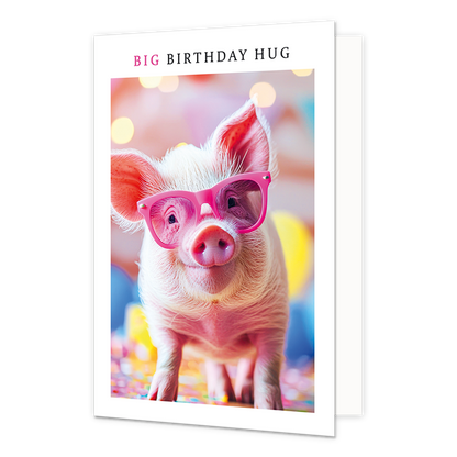 Op deze wenskaart staat een roze biggetje met een roze zonnebril op. Om de afbeelding is een wit kader. Bovenin het witte kader staat de tekst 'Big birthday hug'. Het woord 'Big' is roze gekleurd. De rest van de tekst is zwart gekleurd.