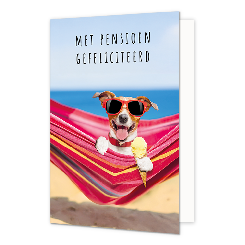 Op deze wenskaart ligt een hond in een roze handmat. De hond draagt een rode zonnebril en heeft een schepijsje in zijn poot. Boven de hond staat in het zwart de tekst 'Met pensioen gefeliciteerd'.
