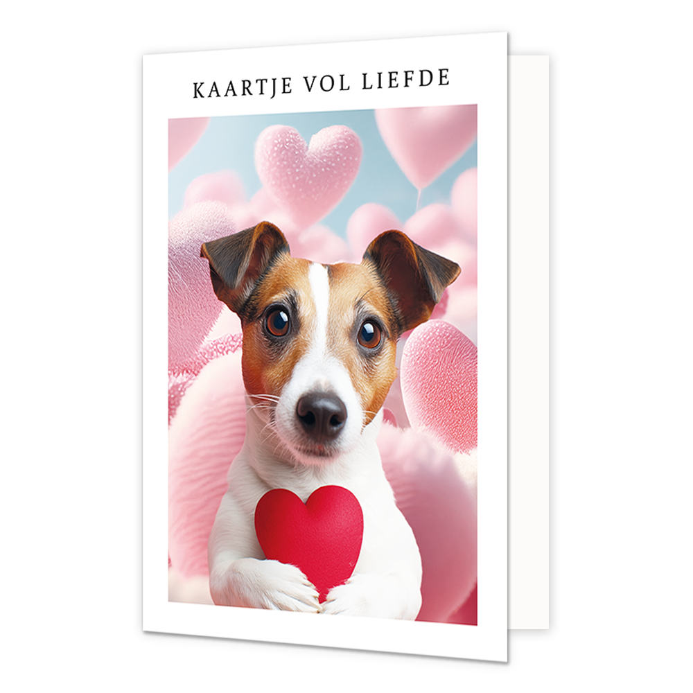 Kaartje vol liefde - Formaat: Normaal - Vorm: Staand - Liefdeskaart - Op deze wenskaart staat een hond met een rood hard voor de borstkas. De hond is omrings met roze harten. Om de afbeelding heen is een wit kader. Bovenin het witte kader staat in het zwart de tekst 'kaartje vol liefde'. - Snelwenskaart