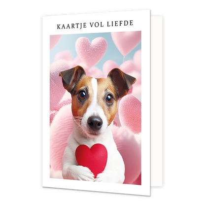 Kaartje vol liefde - Formaat: Normaal - Vorm: Staand - Liefdeskaart - Op deze wenskaart staat een hond met een rood hard voor de borstkas. De hond is omrings met roze harten. Om de afbeelding heen is een wit kader. Bovenin het witte kader staat in het zwart de tekst 'kaartje vol liefde'. - Snelwenskaart