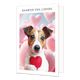 Kaartje vol liefde - Formaat: Standaard - Vorm: Staand - Liefdeskaart - Op deze wenskaart staat een hond met een rood hard voor de borstkas. De hond is omrings met roze harten. Om de afbeelding heen is een wit kader. Bovenin het witte kader staat in het zwart de tekst 'kaartje vol liefde'. - Snelwenskaart