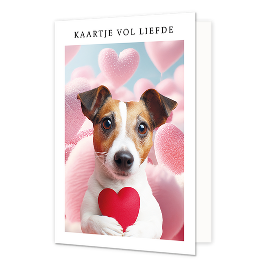 Op deze wenskaart staat een hond met een rood hard voor de borstkas. De hond is omrings met roze harten. Om de afbeelding heen is een wit kader. Bovenin het witte kader staat in het zwart de tekst 'kaartje vol liefde'.