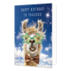Happy birthday to youuuuu - Formaat: Standaard - Vorm: Staand - Verjaardagskaart - Op deze wenskaart staat een lichtbruine lama met een lange vacht. De lama draagt een donkerbruine strik om de nek een een groene stervormige bril met gele glazen. Boven de lama staat in het wit de tekst 'Happy birthday to youuuuu'. - Snelwenskaart