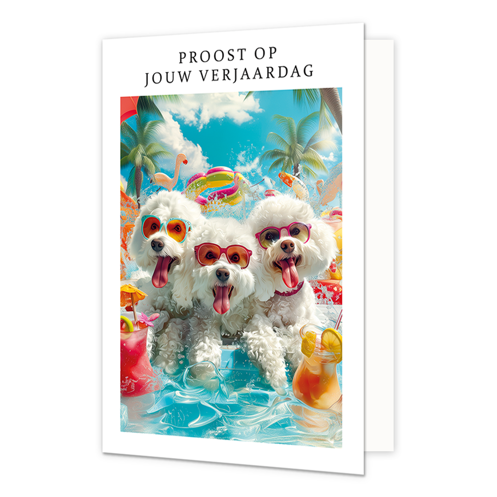 Op deze wenskaart staan drie witte hondjes met roze zonnebrillen. Ze steken alledrie hun tong uit. Om de afbeelding heen is een wit kader. Bovenin het witte kader staat in het zwart de tekst 'Proost op jouw verjaardag'.