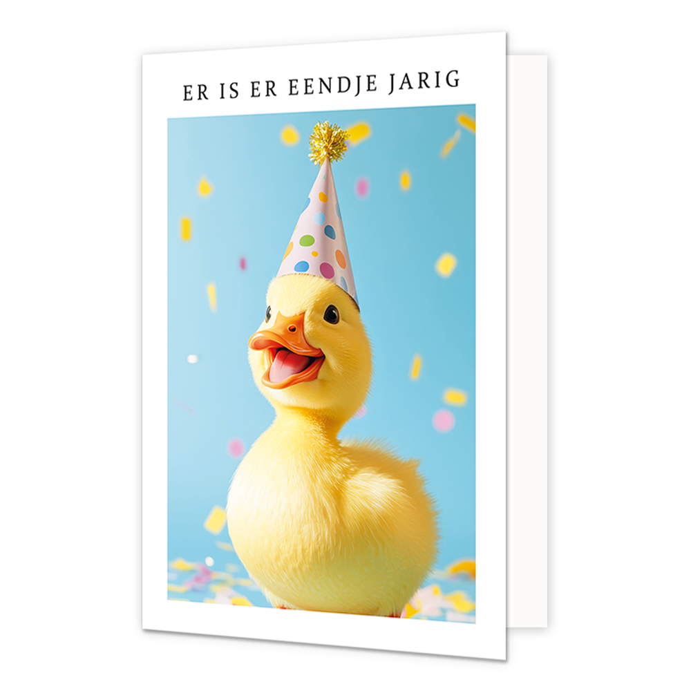 Op deze wenskaart zie je een geel eendje met een feesthoedje op. Om de afbeelding heen is een wit kader. Bovenin het witte kader staat in het zwart de tekst 'Er is er eendje jarig'.