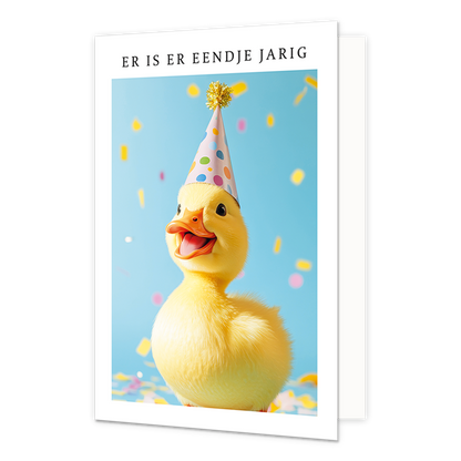 Op deze wenskaart zie je een geel eendje met een feesthoedje op. Om de afbeelding heen is een wit kader. Bovenin het witte kader staat in het zwart de tekst 'Er is er eendje jarig'.