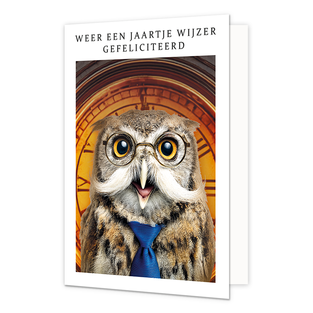 Op deze wenskaart staat een uit voor een grote klok. De uil draagt een blauwe stropdag en een ronde bril. Om de afbeelding heen staat een wit kader. Bovenin het witte kader staat in het zwart de tekst 'weer een jaartje wijzer gefeliciteerd'.
