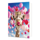 Dikke verjaardagskus - Formaat: Standaard - Vorm: Staand - Verjaardagskaart - Op deze wenskaart staat een griaf met roze lippen. De giraf draagt een gouden kroon en op de achtergrond vliegen meerdere roze ballonnen. Boven de giraf staat in het wit de tekst 'Dikke verjaardagskus'. - Snelwenskaart
