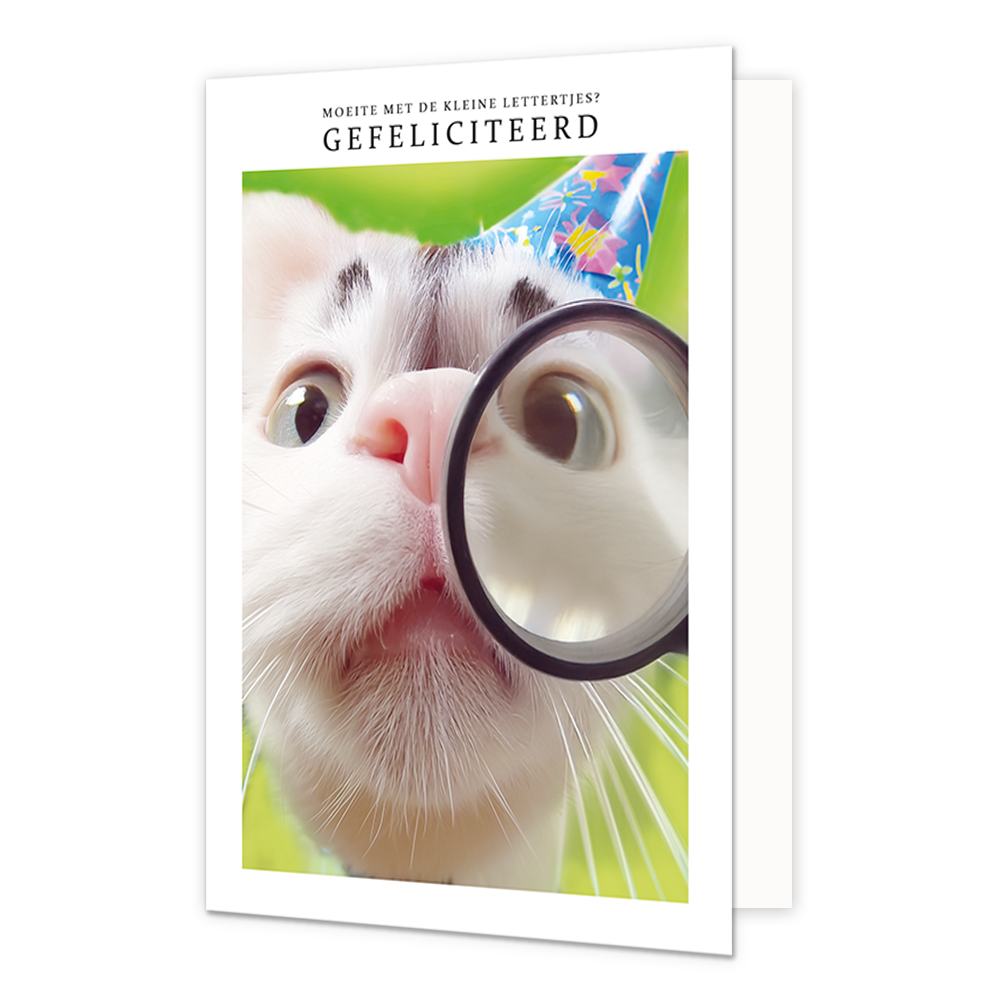 Op deze wenskaart staat een kat die door een vergrootglas kijkt. De kat draagt een blauwe feesthoed. Om de afbeelding heen staat een wit kader. Bovenin het witte kader staat in het zwart de tekst 'Moeite met de kleine lettertjes? Gefeliciteerd'.