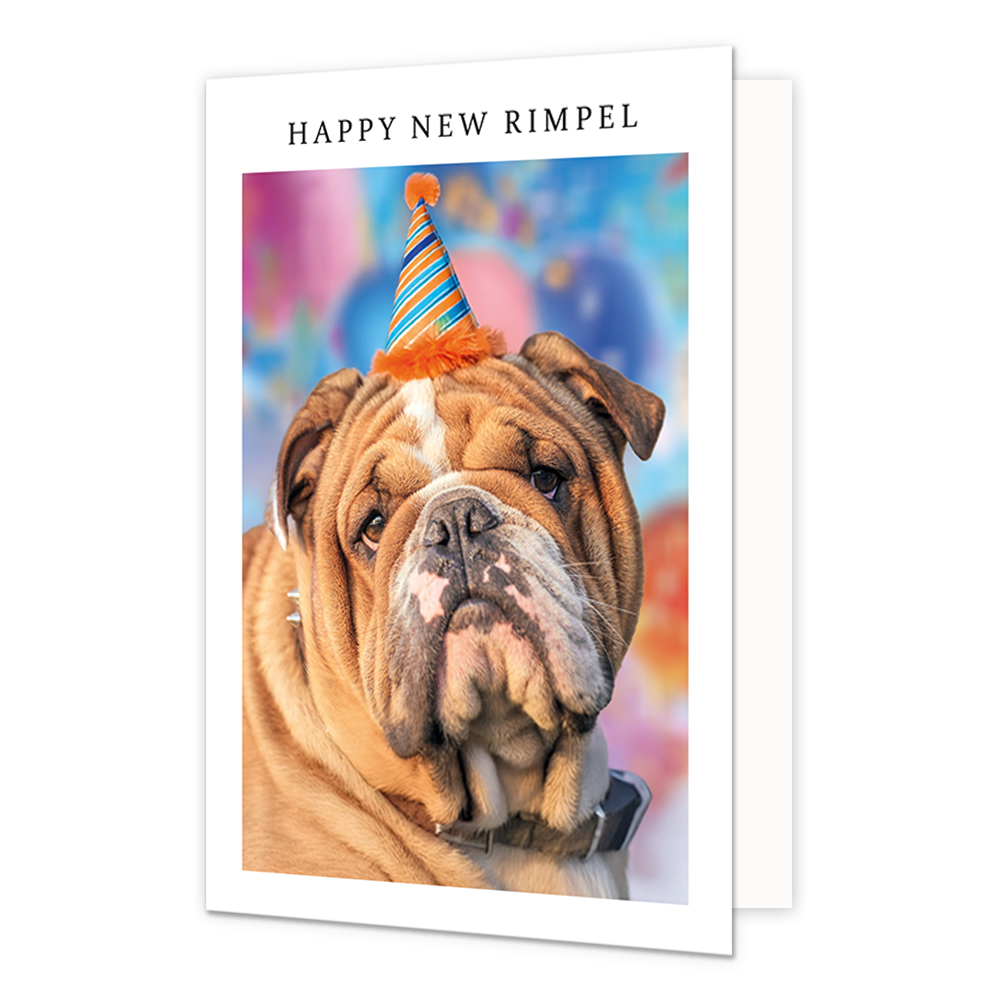 Op deze wenskaart staat een hond met veel rimpels. De hond draagt een klein feesthoedje. Om de afbeelding heen is een wit kader. Bovenin het witte kader staat in het zwart de tekst 'Happy new rimpel'.