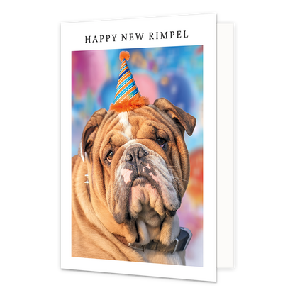 Op deze wenskaart staat een hond met veel rimpels. De hond draagt een klein feesthoedje. Om de afbeelding heen is een wit kader. Bovenin het witte kader staat in het zwart de tekst 'Happy new rimpel'.
