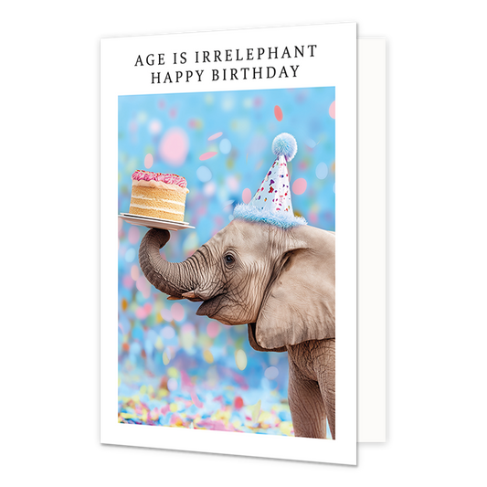 Age is irrelephant happy birthday - Formaat: Normaal - Vorm: Staand - Verjaardagskaart - Op deze wenskaart staat een olifant met een taart op zijn slurf. De olifant draag een grote blauwe feesthoed. Om de afbeelding heen staat een wit kader. Bovenin het witte kader staat in het zwart de tekst 'Age is irrelephant happy birthday'. - Snelwenskaart