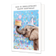 Age is irrelephant happy birthday - Formaat: Standaard - Vorm: Staand - Verjaardagskaart - Op deze wenskaart staat een olifant met een taart op zijn slurf. De olifant draag een grote blauwe feesthoed. Om de afbeelding heen staat een wit kader. Bovenin het witte kader staat in het zwart de tekst 'Age is irrelephant happy birthday'. - Snelwenskaart