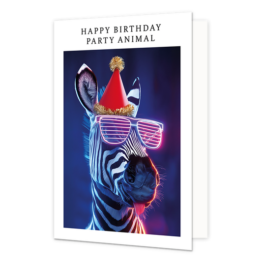 Happy birthday party animal - Formaat: Normaal - Vorm: Staand - Verjaardagskaart - Op deze wenskaart staat een zebra in neon licht. De zebra draag een gestreepte bril met een rode feesthoed. De afbeelding is geplaatst in een wit kader. Bovenin het witte kader staat in het zwart de tekst 'Happy birthday party animal'. - Snelwenskaart