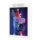 Happy birthday party animal - Formaat: Standaard - Vorm: Staand - Verjaardagskaart - Op deze wenskaart staat een zebra in neon licht. De zebra draag een gestreepte bril met een rode feesthoed. De afbeelding is geplaatst in een wit kader. Bovenin het witte kader staat in het zwart de tekst 'Happy birthday party animal'. - Snelwenskaart