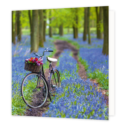 Fiets - Formaat: Groot - Vorm: Vierkant - Blanco kaart - Op deze wenskaart staat een foto van een fiets die in het bos staat tussen blauwe bloemen. - Snelwenskaart