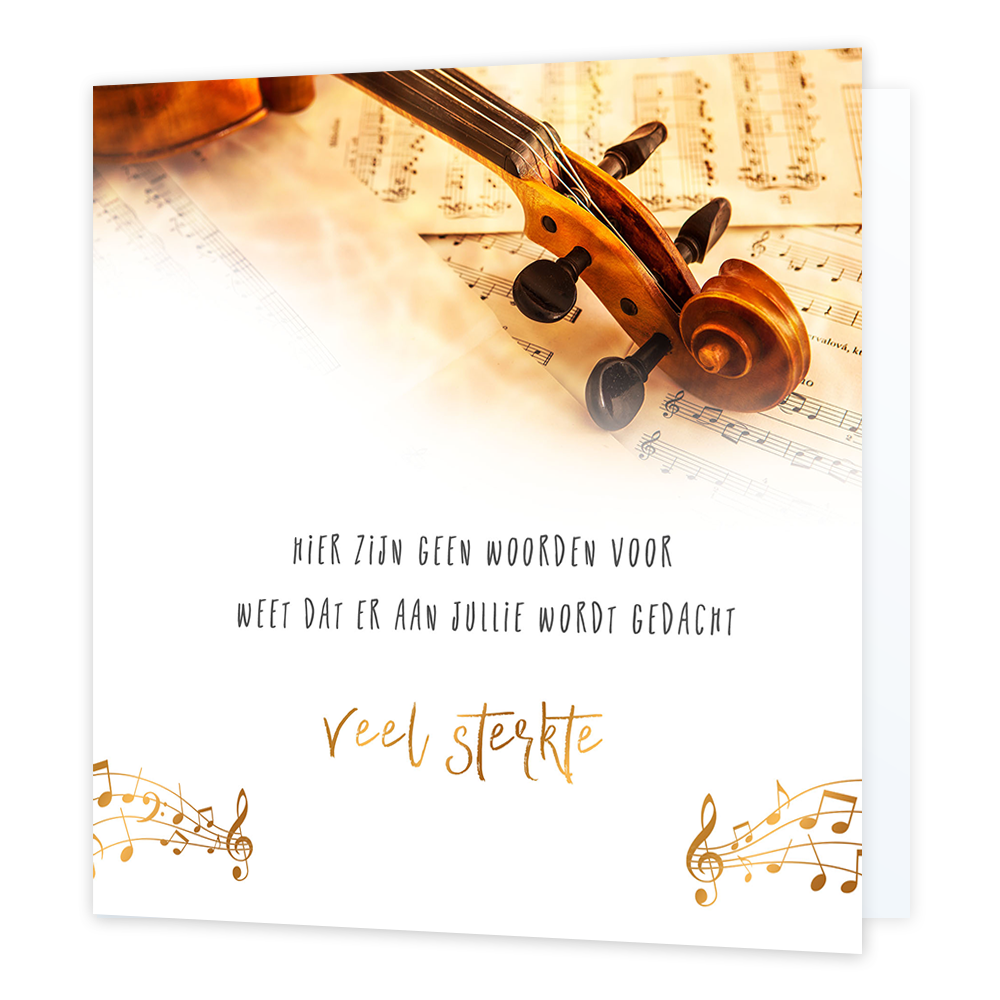 Hier zijn geen woorden voor - Formaat: Normaal - Vorm: Vierkant - Sterkte kaart - Op deze wenskaart staat een viool met bladmuziek. Daaronder staat de tekst: "Hier zijn geen woorden voor, weet dat er aan jullie wordt gedacht. Veel sterkte". - Snelwenskaart