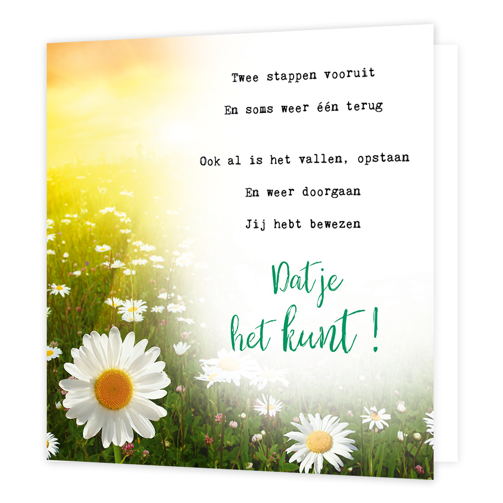 Twee stappen vooruit - Formaat: Standaard - Vorm: Vierkant - Complimentenkaart - Op deze wenskaart staat een bloemenveld met madeliefjes. In de illustratie staat de tekst: "Twee stappen vooruit en soms weer één terug. Ook al is het vallen, opstaan en weer doorgaan, jij hebt bewezen dat je het kunt!" - Snelwenskaart