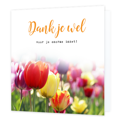 Dankjewel voor je enorme inzet - Formaat: Normaal - Vorm: Vierkant - Bedankkaart - Op deze wenskaart staat een tulpenveld met daarboven de tekst: "Dank je wel voor je enorme inzet!". - Snelwenskaart