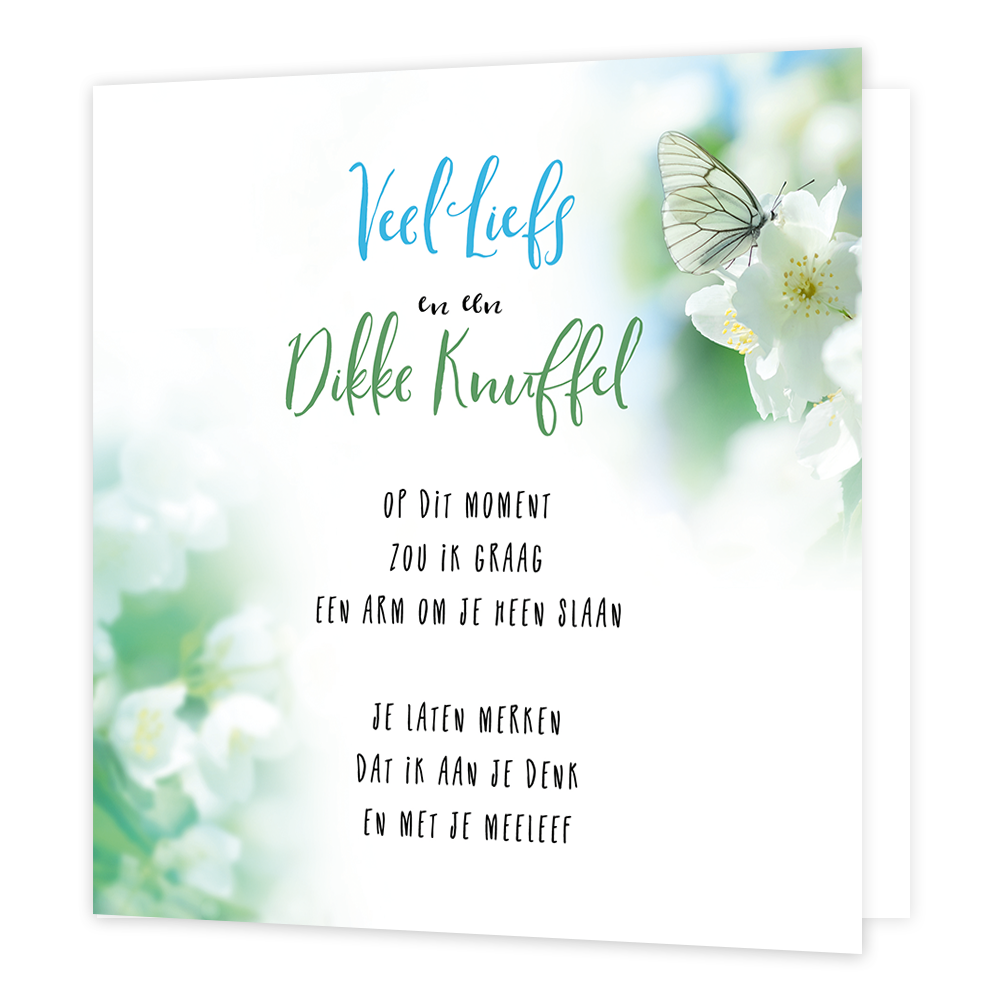 Veel liefs - Formaat: Standaard - Vorm: Vierkant - Denken aan kaart - Op deze wenskaart staan witte bloemen en een vlinder met de tekst: "Veel liefs en een dikke knuffel. Opdit moment zou ik graag een arm om je heen slaan, je laten merken dat ik aan je denk en met je meeleef". - Snelwenskaart