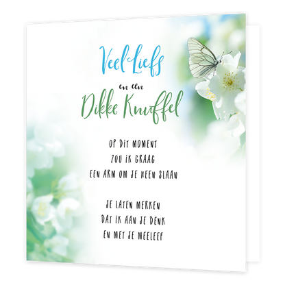 Veel liefs - Formaat: Standaard - Vorm: Vierkant - Denken aan kaart - Op deze wenskaart staan witte bloemen en een vlinder met de tekst: "Veel liefs en een dikke knuffel. Opdit moment zou ik graag een arm om je heen slaan, je laten merken dat ik aan je denk en met je meeleef". - Snelwenskaart