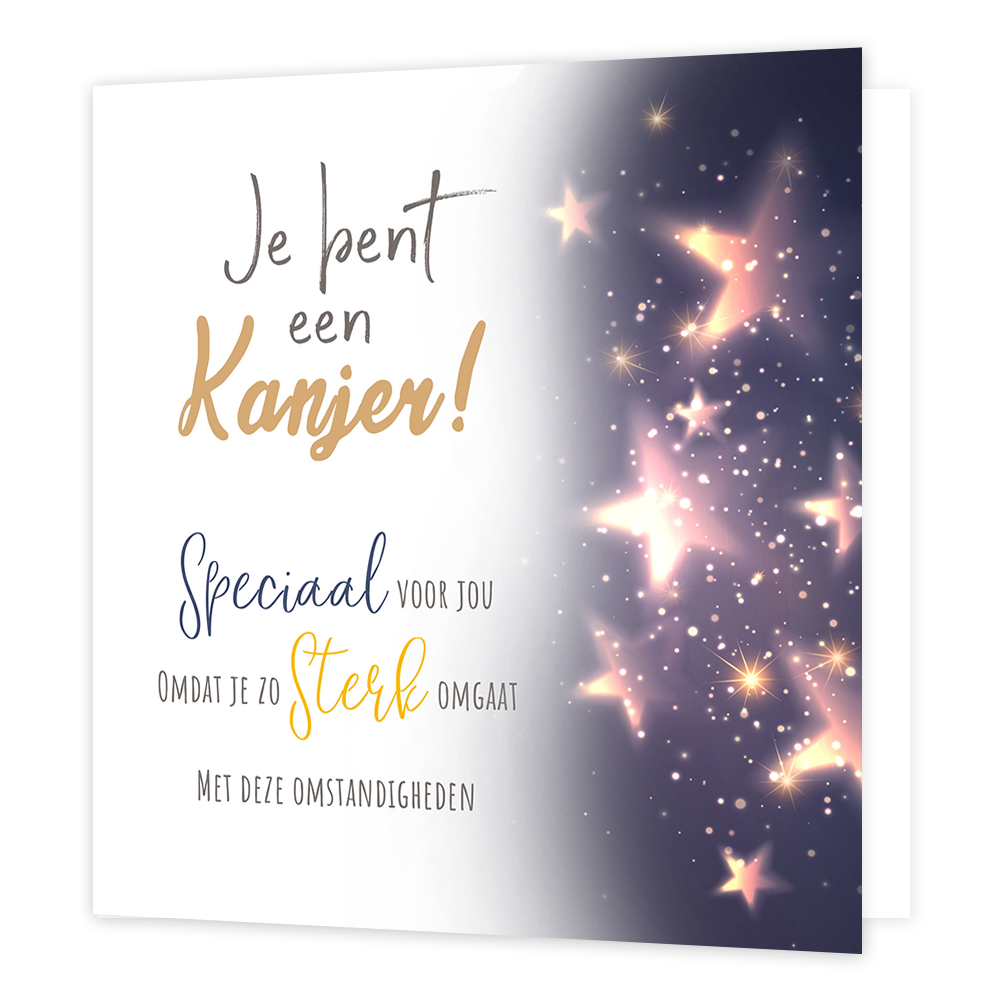 Je bent een kanjer - Formaat: Normaal - Vorm: Vierkant - Complimentenkaart - Op deze wenskaart staat de ruimte met sterren en daarnaast de tekst: "Je bent een kanjer! Speciaal voor jou omdat je zo sterk omgaat met deze omstandigheden". - Snelwenskaart
