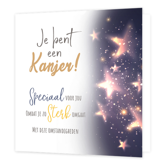 Je bent een kanjer - Formaat: Normaal - Vorm: Vierkant - Complimentenkaart - Op deze wenskaart staat de ruimte met sterren en daarnaast de tekst: "Je bent een kanjer! Speciaal voor jou omdat je zo sterk omgaat met deze omstandigheden". - Snelwenskaart