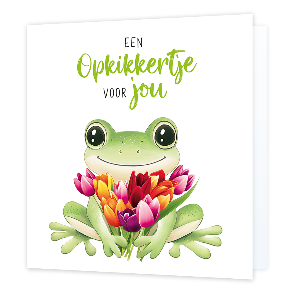 Een opkikkertje voor jouw - Formaat: Normaal - Vorm: Vierkant - Opkikker kaart - Op deze wenskaart is een kikker te zien die een bos tulpen in de kleuren roze, oranje, rood en paas vasthoudt, op een witte achtergrond. Boven de kikker staat de tekst:: "Een opkikkertje voor jou". - Snelwenskaart