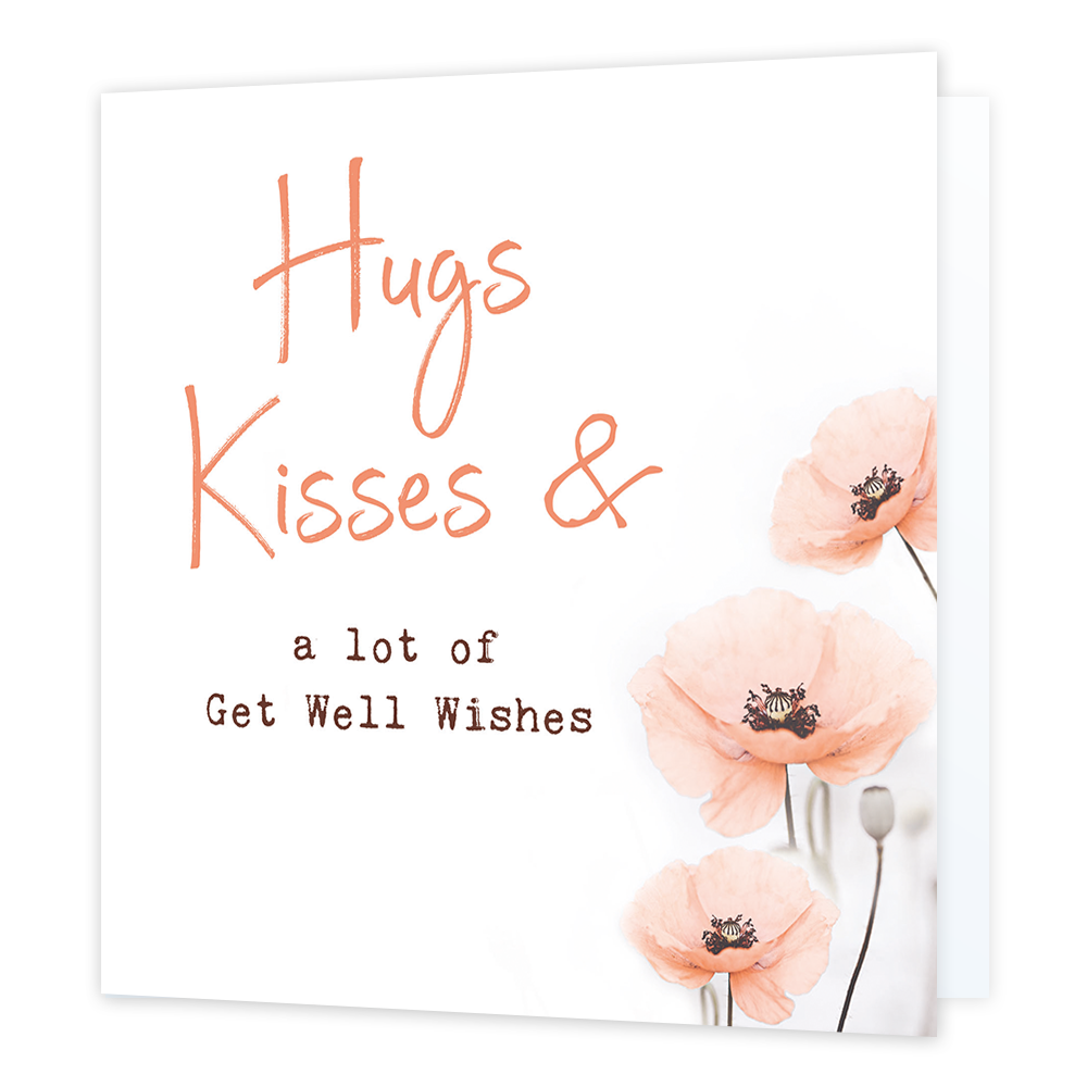 Hugs kisses - Formaat: Standaard - Vorm: Vierkant - Beterschapskaart - Op deze wenskaart staan roze bloemen met daarnaast de tekst: "Hugs kisses & a lot of get well wishes". - Snelwenskaart