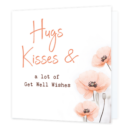 Hugs kisses - Formaat: Standaard - Vorm: Vierkant - Beterschapskaart - Op deze wenskaart staan roze bloemen met daarnaast de tekst: "Hugs kisses & a lot of get well wishes". - Snelwenskaart